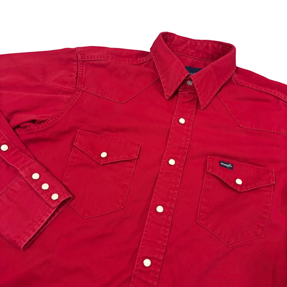 90s Wrangler Mens Western Shirt X Long Tails Red Cowboy Pearl Snap Size 16.5x34